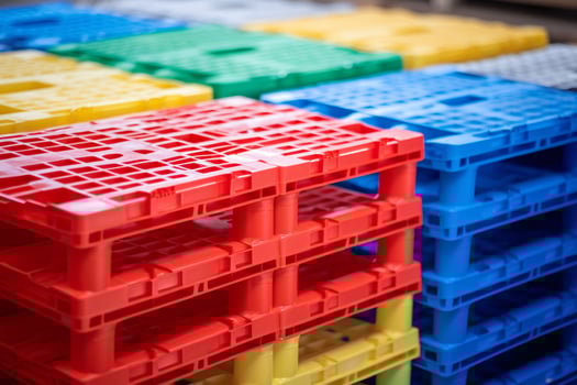 Pile of plastic shipping pallet. Industrial plastic pallet stacked at factory warehouse. Plastic pallet rack for export delivery industry. Plastic pallet storage warehouse. Generative AI. photo