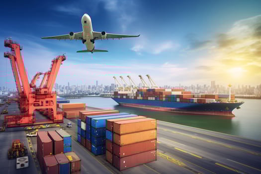 Global business logistic and transportation import export goods. Container cargo freight ship at international port. Cargo plane flying above truck shipping container. Logistic industry. Generative AI photo