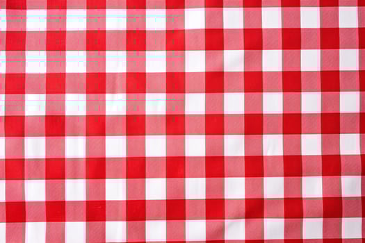 Red and white checkered tablecloth. Top view table cloth texture background. Red gingham pattern fabric. Picnic blanket texture. Red table cloth for Italian food menu. Square pattern. Generative AI. photo