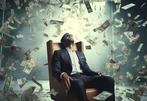 Ai Generative  The concept of financial freedom and business success Money falls on your head photo