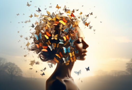 Ai Generative Surreal double exposure image of woman and butterflies. Great for ads, book covers, posters and more realistic image, ultra hd, high design very detailed photo
