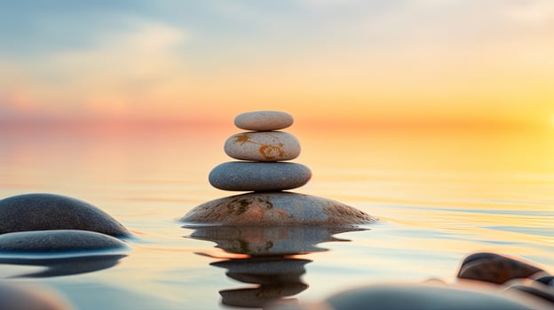 Balanced Zen stones on the beach, generated by AI photo