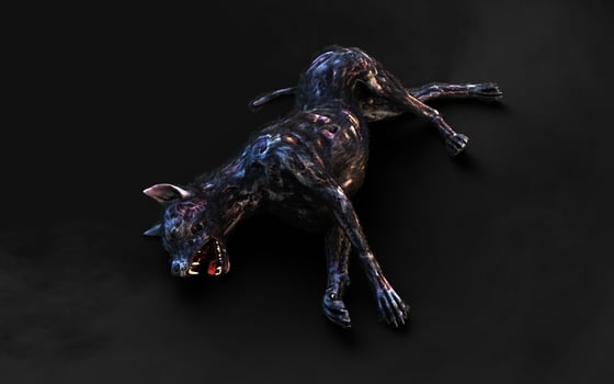 3d illustration of undead Zombie dog with clipping path. Dangerous revived animal with creepy expression on dark background. photo