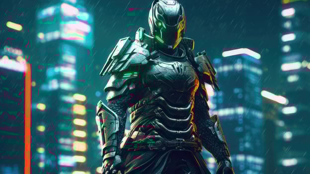 Cyberpunk Futuristic Anime Robot Warrior on Roof. Ultra High-Quality Image photo