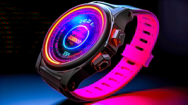 smart digital wrist watch, neon led lights, made with Generative AI photo