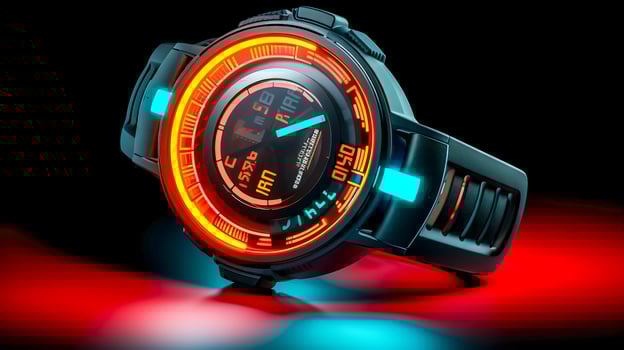 smart digital wrist watch, neon led lights, made with Generative AI photo