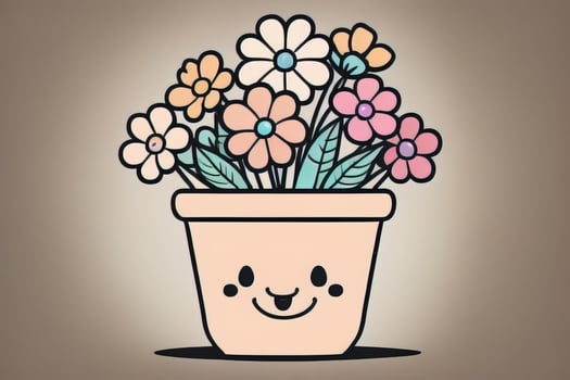 Illustration of a flowerpot with pink and blue flowers on a gray background. ai generative photo