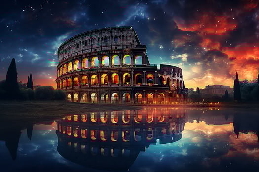 Landmark of the Colosseum Rome in Italy at Night with Galaxy in Sky AI Generative photo