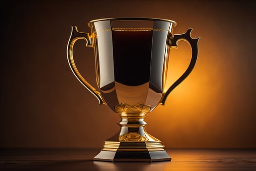 Golden trophy cup on wooden table. Award concept. ai generative photo
