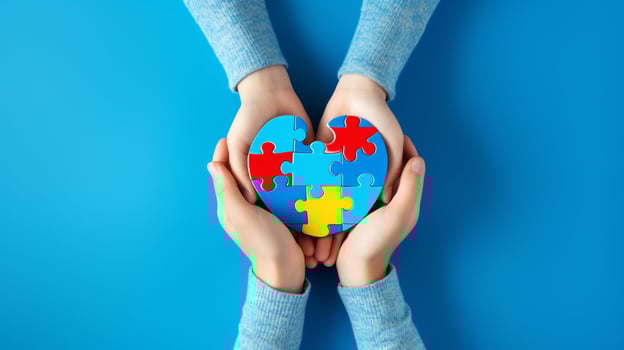 World autism awareness day concept. Adult and child hands holding puzzle heart on light blue background, AI generated photo