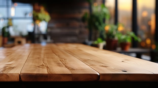 Natural Oak Wooden Table Mockup - Front View of Empty Blank Wood Table, Ideal for Product Placement with a Blurry Background. photo