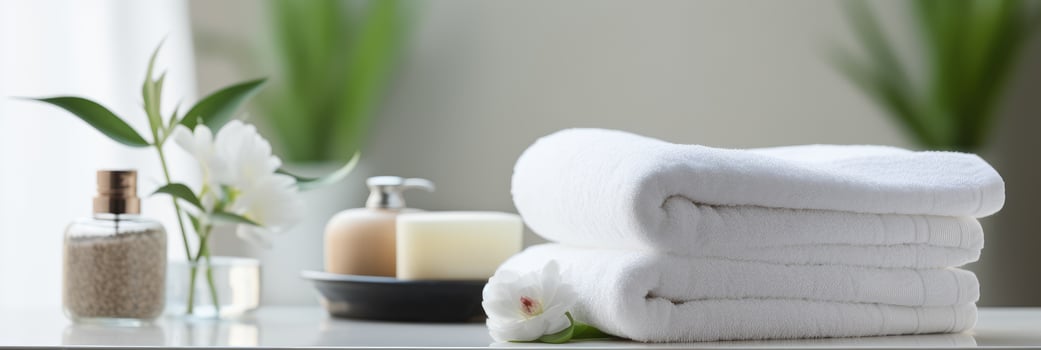 Toiletries, soap, towel on blurred white bathroom spa background. Generative AI photo