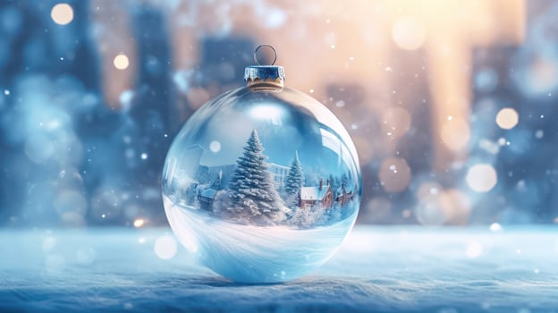 Christmas decoration with glass ball and snowy city - Generative AI photo