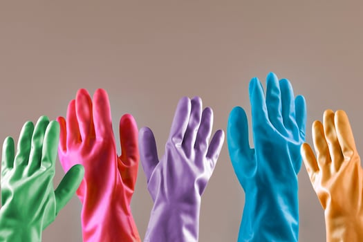 Hands in protective rubber gloves. Migrant votes. Doctors voting. Healthcare system in elections photo