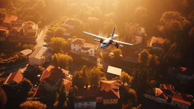 Tourist plane liner flies over a tropical sea city in the morning sun. Exotic travel. AI generated. photo