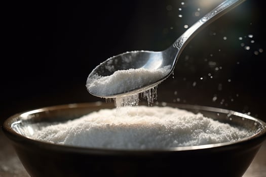A pinch of white sugar being poured from a spoon into a large bowl. photo