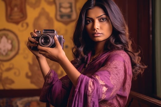 AI generated A woman holding a camera in a room photo