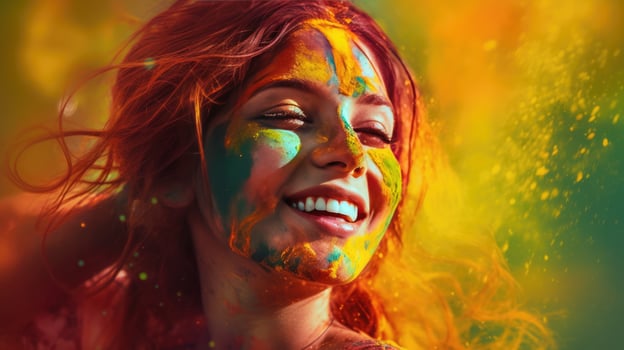 AI generated a young woman with colorful makeup on her face and arm, showcasing a vibrant and expressive look. Her smile radiates joy, and her unique style reflects an artistic and creative spirit. photo