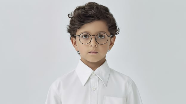AI generated a young boy with glasses, dressed in a white shirt, looking at the camera while sitting down. The boy's focus and expression create an engaging and captivating scene. photo