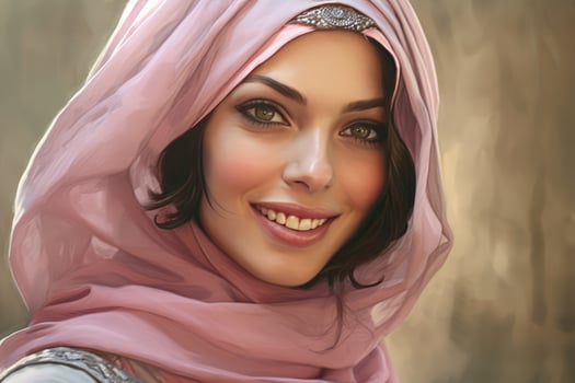 AI generated Beautiful woman wearing a pink headscarf photo