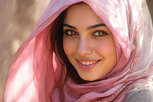 AI generated Dark-Haired Woman in Pink Headscarf photo