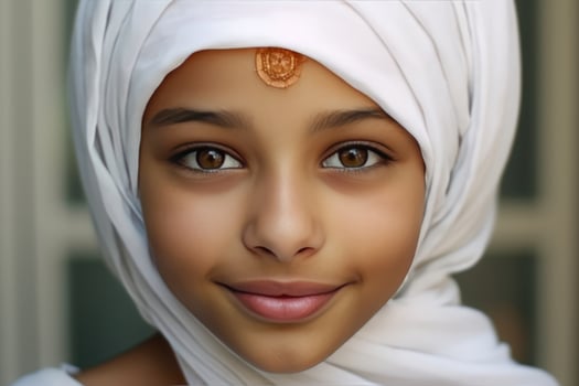 AI generated Eastern woman in white turban and henna photo