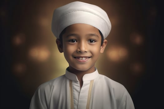 AI generated A Smiling Young Muslim Boy Wearing Traditional Clothing - A Portrait photo