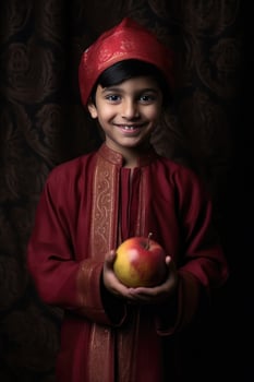 AI generated The Smiling Child Holds a Fruit - Apple, Dressed in Cultural Clothing photo