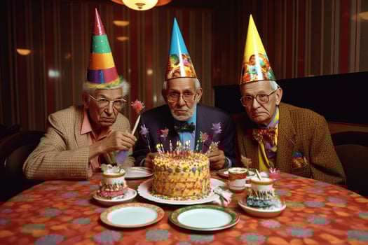AI generated Three elderly men celebrating birthdays with a colorful cake photo