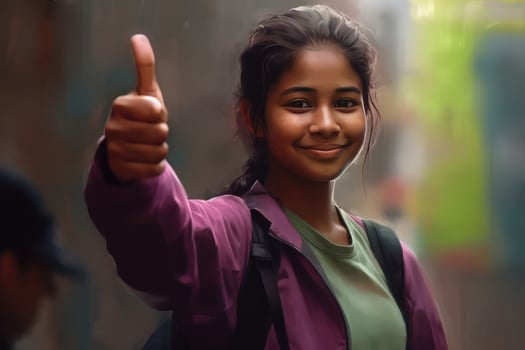 AI generated Positive School-Age Girl Giving Two Thumbs Up photo