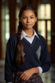 a beautiful young girl wearing a school uniform, which includes a gray sweater and a blue skirt. photo