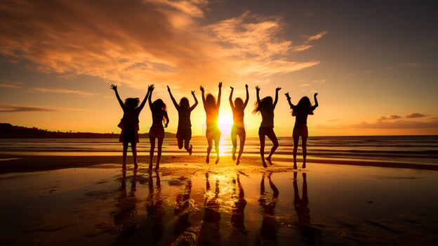 Photograph of group silhouette jumping up on the beach, golden hour, AI Generated photo