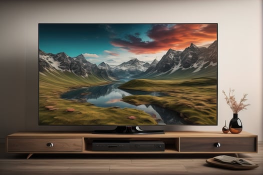 TV on the wooden cabinet in modern living room. ai generative photo