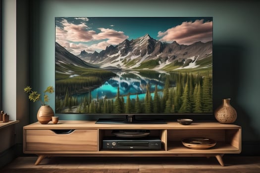 TV on the wooden cabinet in modern living room. ai generative photo