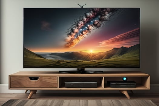 TV on the wooden cabinet in modern living room. ai generative photo