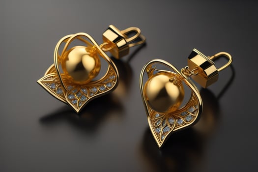 Earrings made of gold on a solid color background close up. ai generative photo