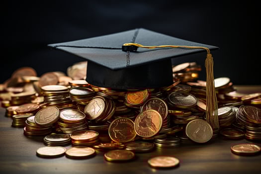 Scholarship dreams, graduation hat with coins on white backdrop AI Generated photo
