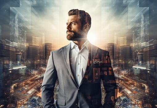 Ai generative A Double Exposure of a Businessman in the Cityscape Embodies Success and Future Plans photo