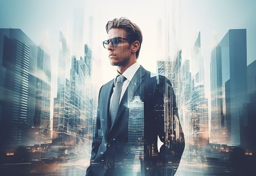 A Double Exposure of a Businessman in the Cityscape Embodies Success and Future Plans photo