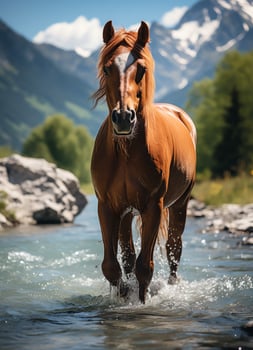 A wild horse running in the creek. Wild or farm animals concept by AI Generated photo