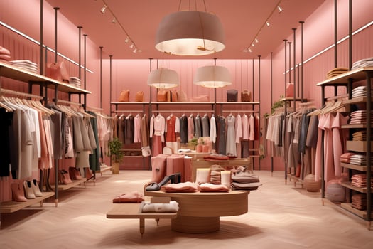 Women's fashion store in the shopping center or mall. Clothes store with mannequin. Shopping day concept by AI Generated photo