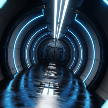 The neon blue airlock tunnel glows around the corridor on the reflective concrete floor. photo