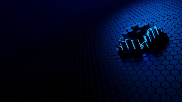 hexagonal 3d rendering with blue glowing neon sticks photo