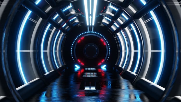 The neon blue airlock tunnel glows around the corridor on the reflective concrete floor. photo
