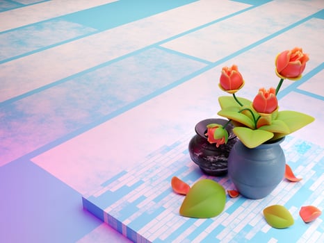 3D illustration Vase with bouquet of red-orange bouquets on marbled blue background. photo