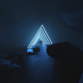 triangle neon glowing futuristic background Blue line in empty dark space . photo