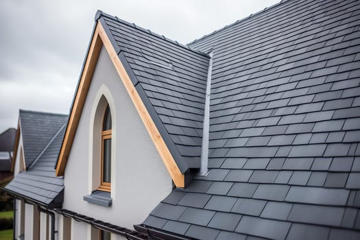 A modern private house is covered with metal tiles roofing or grey slate roof. Vintage curved frame concept by AI Generated photo