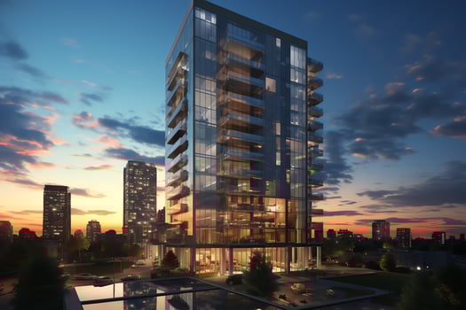 Glassclad skyscrapers of reflecting the sunset hues. Modern hotel buildings in business district concept by AI Generated photo