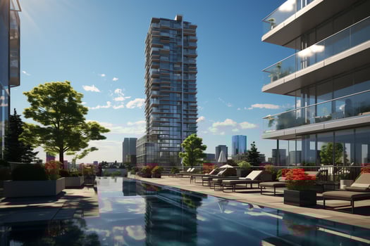 Glassclad skyscrapers of reflecting the sunset hues. Modern hotel buildings in business district concept by AI Generated photo