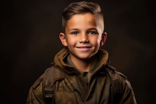 Portrait of a cute little boy in military uniform on dark background AI Generated photo